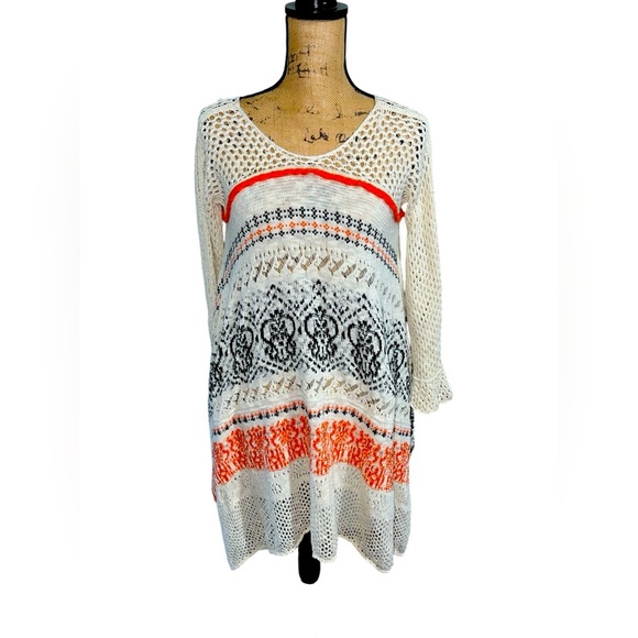 Anthropologie Sleeping On Snow Crochet Sweater Dress Ivory\Orange Fair‎ Isle XS - Picture 2 of 10